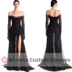 Blooms Customized See Through Elegant Black Evening Dresses Off Shoulder Long Sleeves High Slit Formal Sexy Wedding Prom Dress
