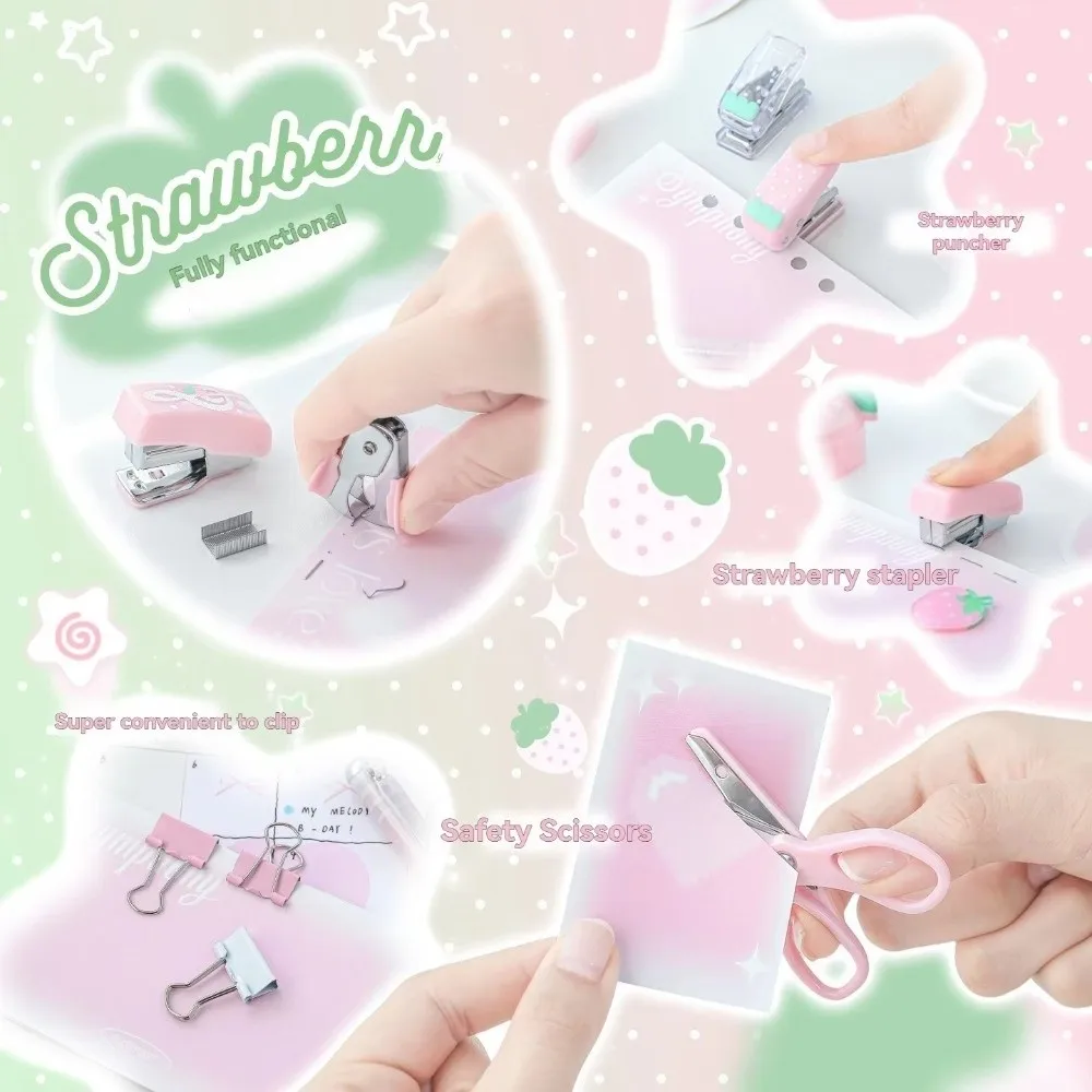 9Pcs/Box Mini Stapler Puncher Tool Set Lightweight with Strawberry Box Stapler Scissors Tool Student Specific Tool Set