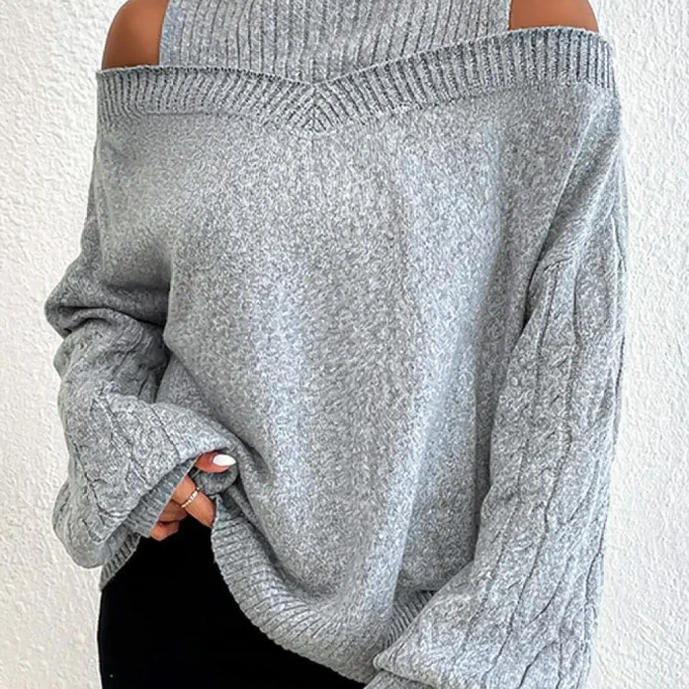 Womens Elegant Sweater Autumn Winter Loose Pullover Cold Shoulder Mock Neck Knitwear Lantern Sleeve Fashion Daily Top