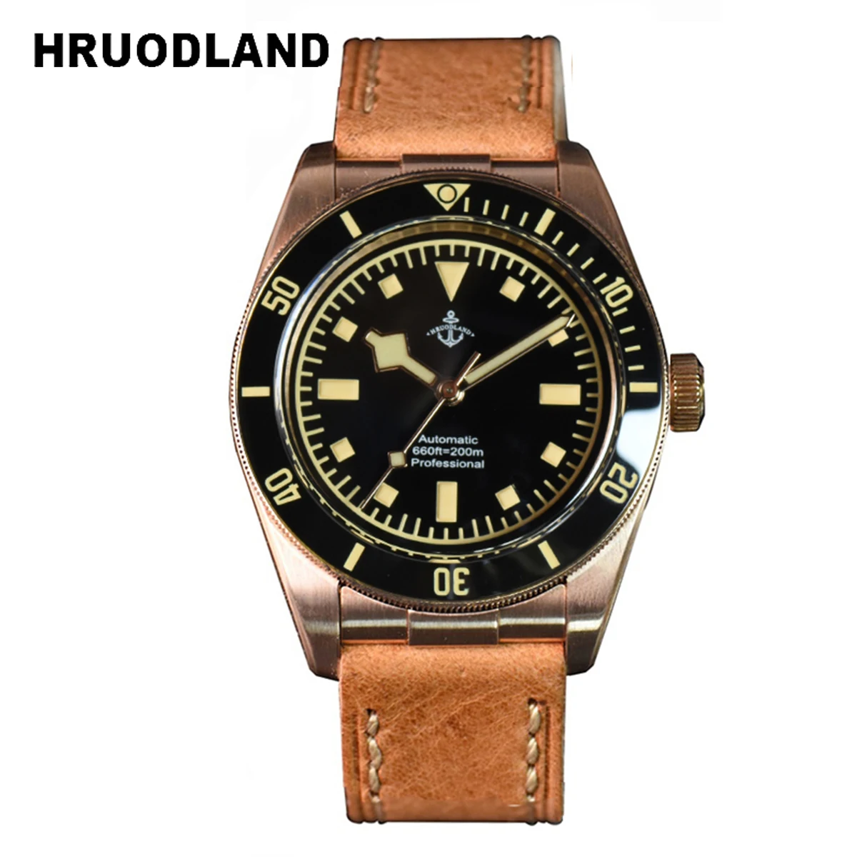 Hruodland 2024 Retro Bronze Automatic Men's Mechanical Watches F008Q Brown Leather belt Stainless Steel Waterproof reloj hombre