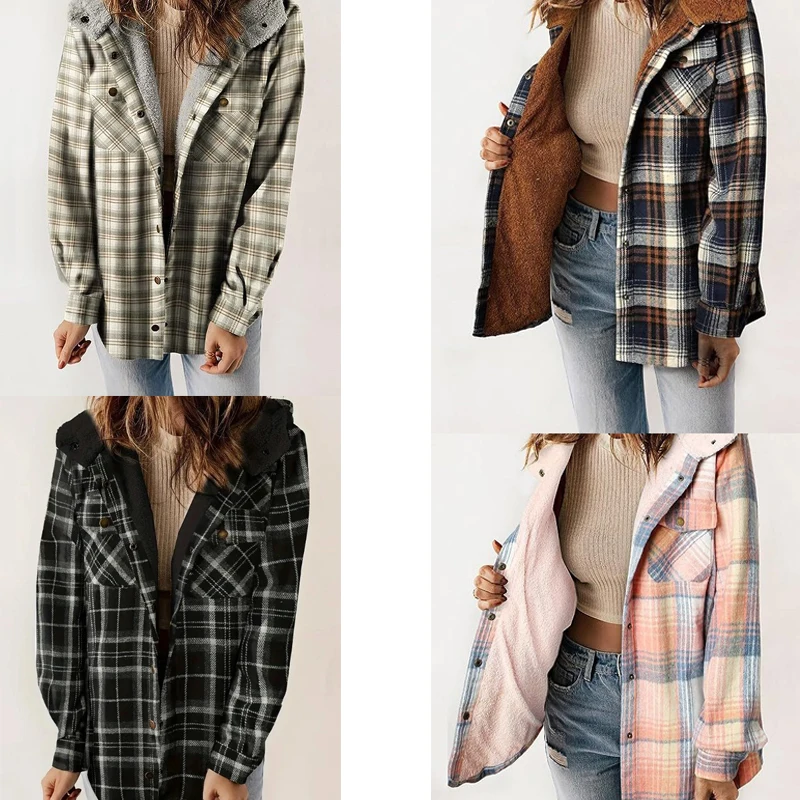 Frühling-Herbst-Mantel für Damen, Jacken mit Kapuze, Kariertes Y2k Streetwear-Design, Taschen, Reguläre Passform, Lässige Elegante Patchwork-Jacke