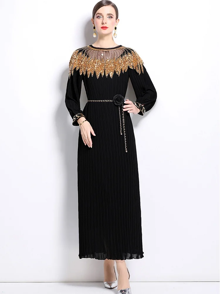 SMTHMA Color Patchwork Sequins Luxury Runway Dress For Women O Neck Long Puff Sleeve Spliced Elegant Temperament Dress Female