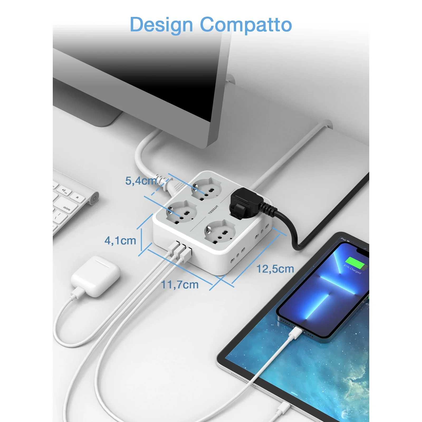 TESSAN Power Strip with 8 AC Outlets and 3 USB Desktop Plug Adapter with Switch Overload Protection 2M Extension Cable Adapter