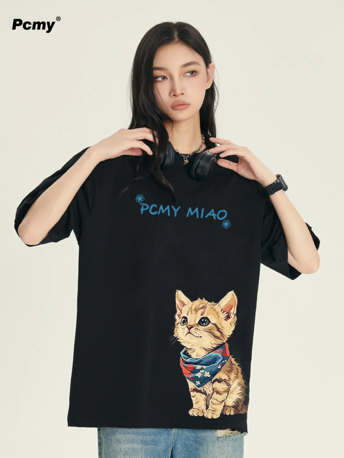 Angel Blue Meow Pattern T-shirt 2024 Summer New Fashion Casual Couple Loose Oversized T-shirt