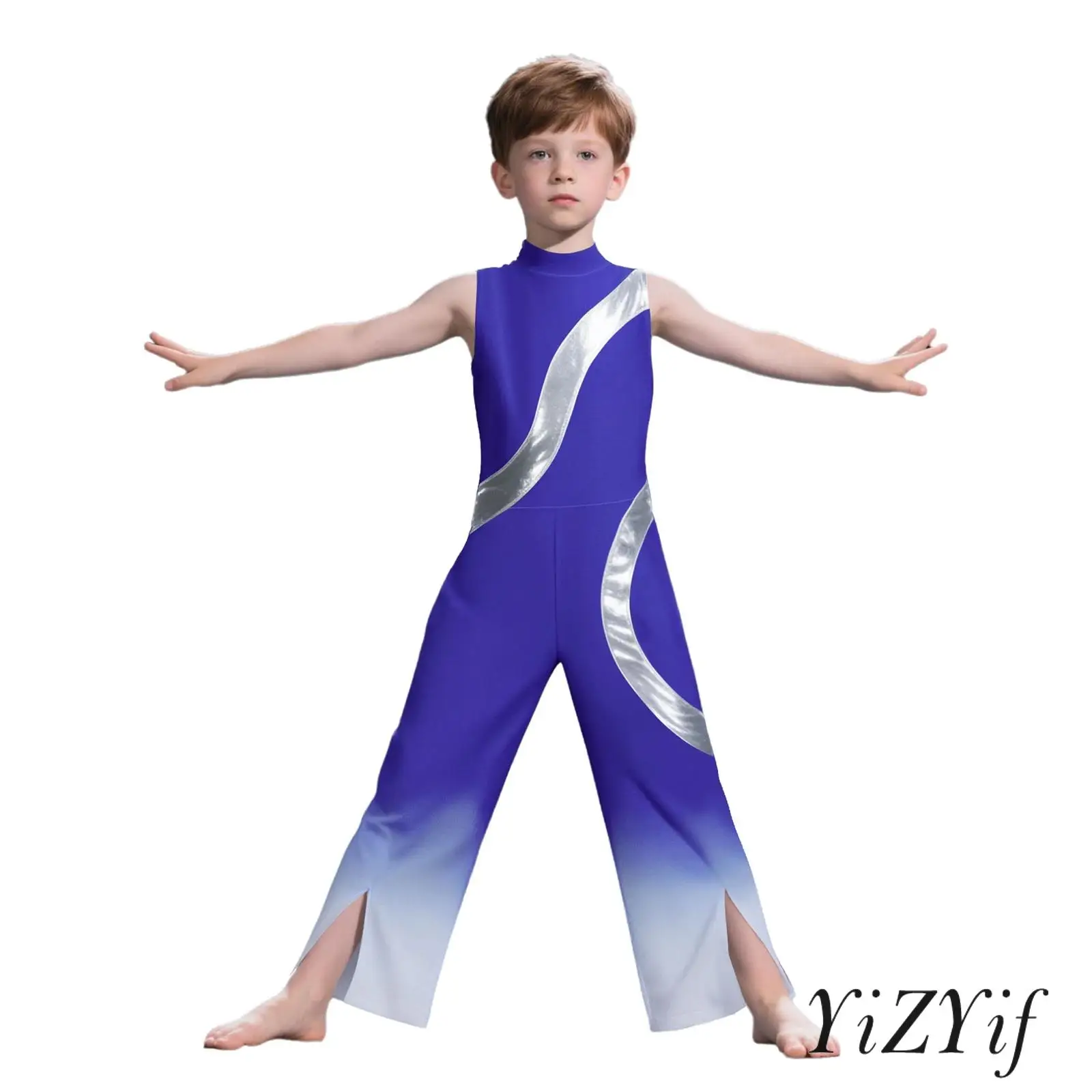 

Boys Competition Gymnastics Unitard Metallic Color Block Mock Neck Sleeveless Jumpsuit with Hidden Zipper for Dance Performance