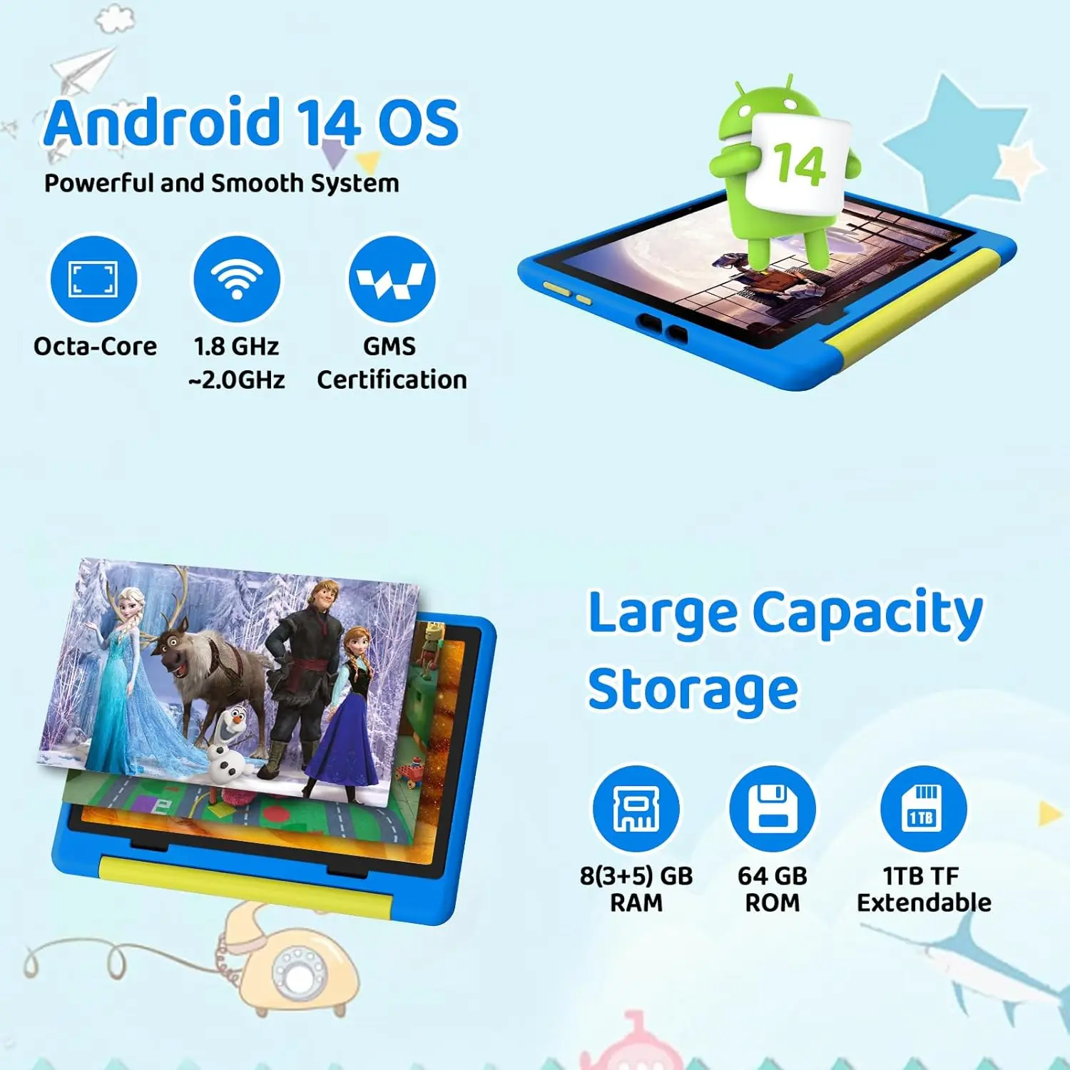 URAO 10 pollici modello cartone animato tablet per bambini Android Octa-Core 8 GB RAM 64 GB ROM giochi educativi per l'apprendimento compresse regali per bambini