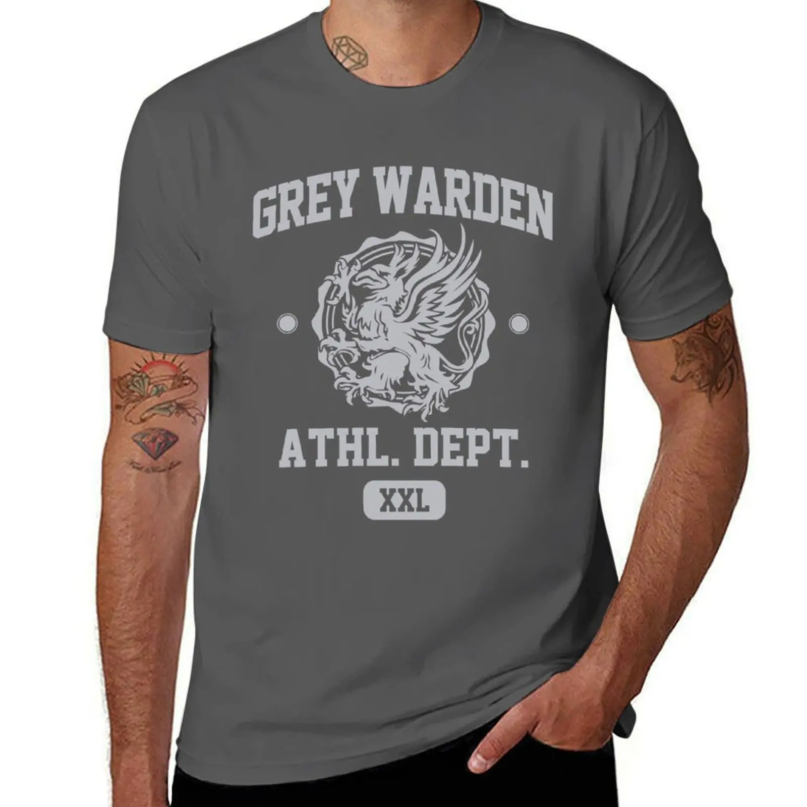 

Grey Warden Athletic Department Dragon Age Gym Shirt Style Silver Print T-Shirt| Dragon age T-Shirt Dragon T-Shirt T-Shirt