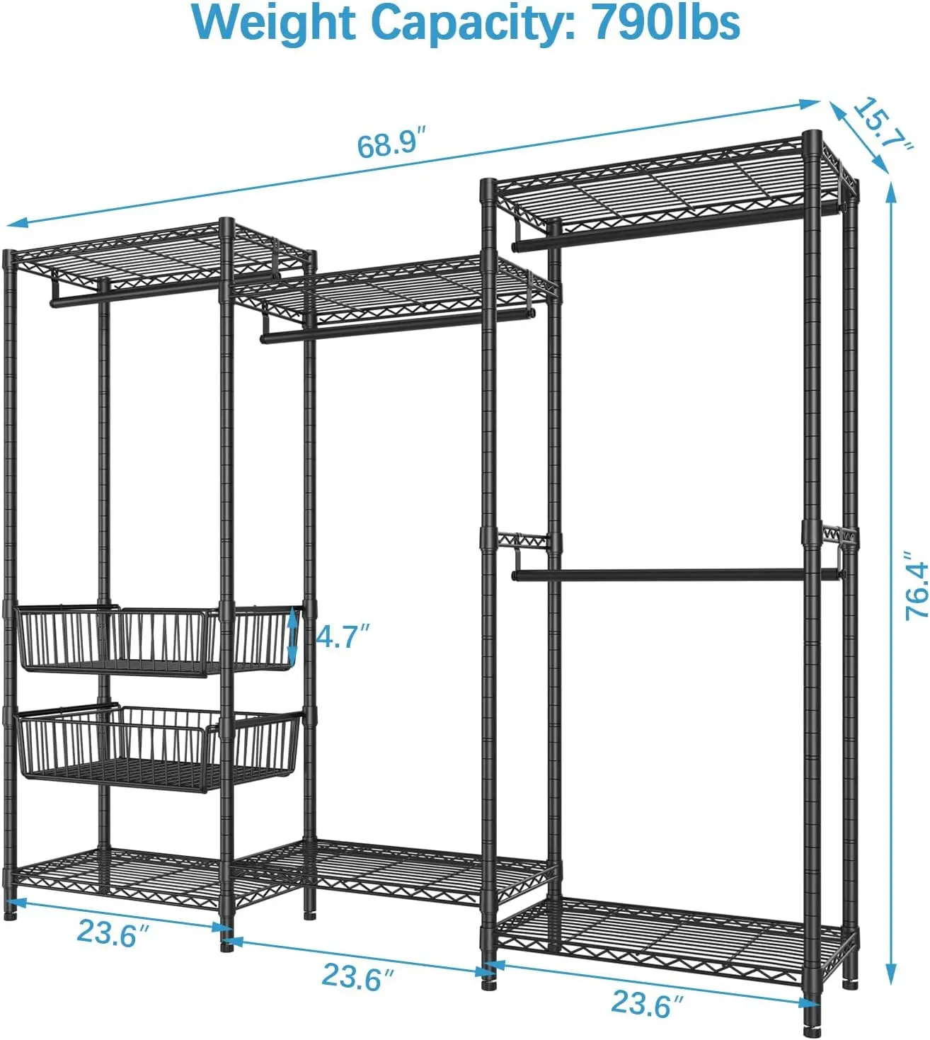 V10 Medium Wire Garment Rack Heavy Duty Clothes Rack, Freestanding Closet Wardrobe Metal Clothing Rack with 2 Slid Baskets, 68.9