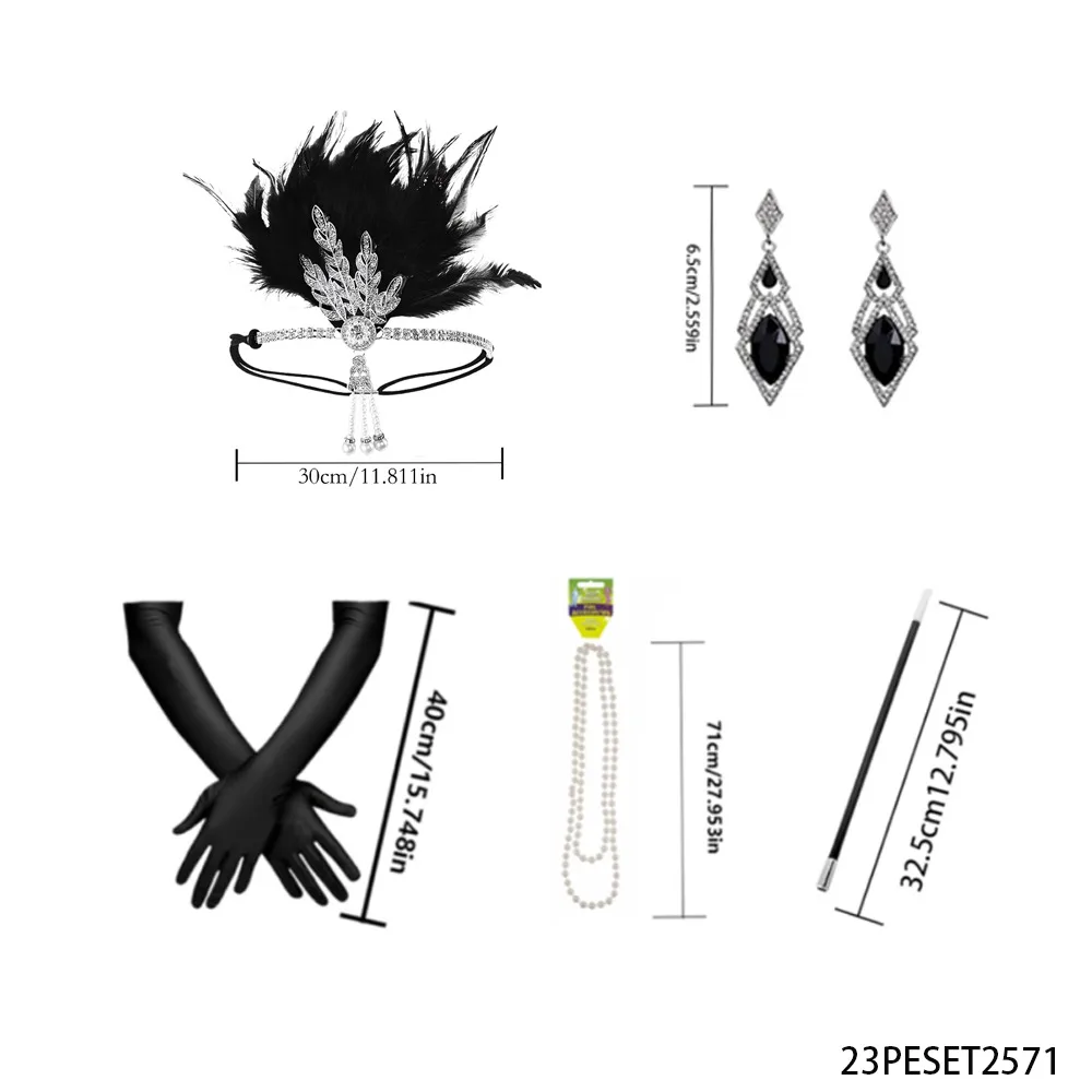 PESENAR ชุดเครื่องประดับขนนกสีดำสไตล์วินเทจ ประดับเพชร ที่คาดผมเพชร สร้อยคอมุก ถุงมือ ชุดปาร์ตี้ย้อนยุคสุดหรู