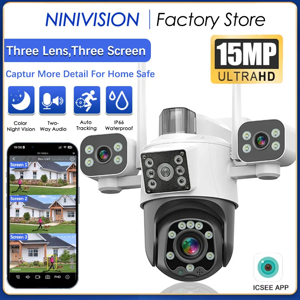 

15MP 3 Lens 3 Screens Camera Surveillance Smart Wireless iCSee APP Ultra HD Wifi Two Way Audio Outdoor CCTV 360° PTZ Security