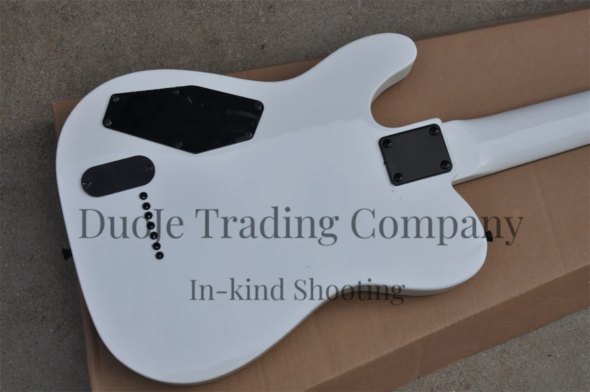 7 string electric guitar White body neck Set In body Strings Though body Black fixed bridge Ebony fingerboard support customizat