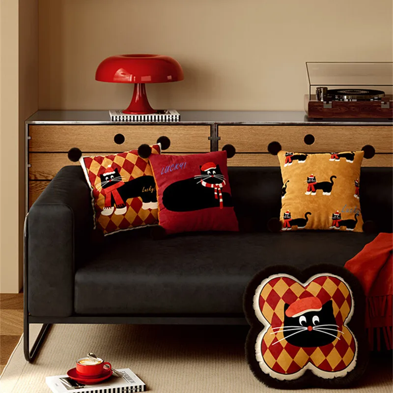 غطاء وسادة مربع الأحمر رمي كيس وسادة المخملية المخدة القط الكلب طباعة للسرير الأريكة كرسي أريكة مكتب الديكور فكرة Gits