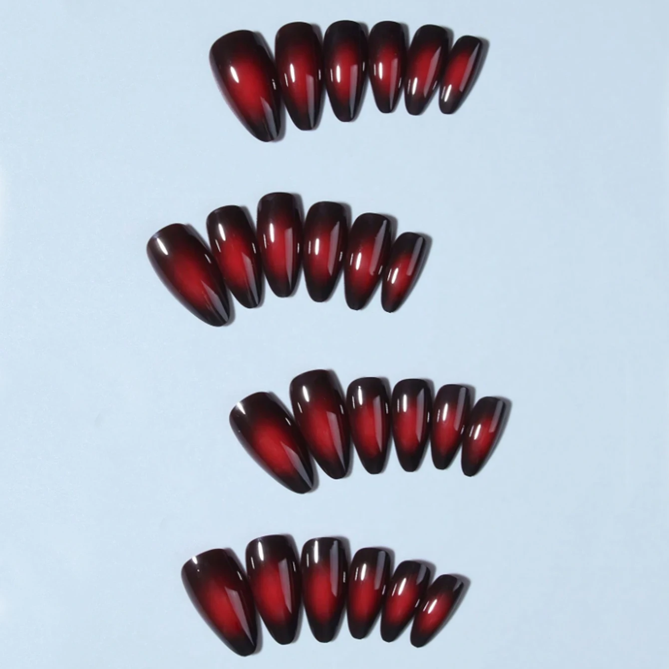 24PCS Medium Almond Fake Nails, Deep Red Cat Eye Design, Shiny Fake Nails, Handmade Full Coverage Acrylic Women'S Nail Art