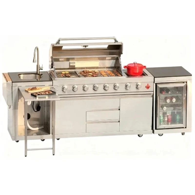 

Modular Outdoor Kitchen with Kamado BBQ Grill Mini Steel Sink & Drawers Gas Charcoal Fuel High Quality Indoor Folding Feature