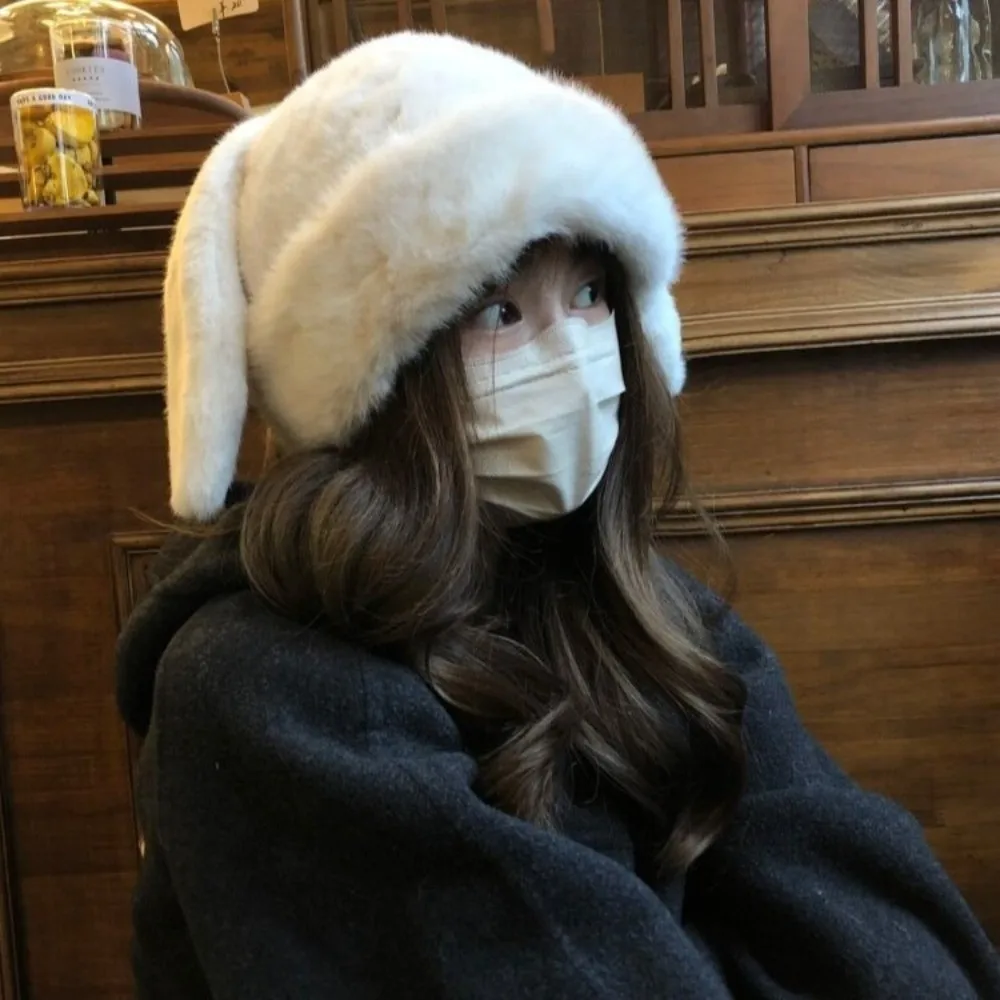 Cute Solid Color Rabbit Ears Beanies Bunny Long Ears Plush Pullover Cap Y2K Thickened Ear Protection Hat All-match