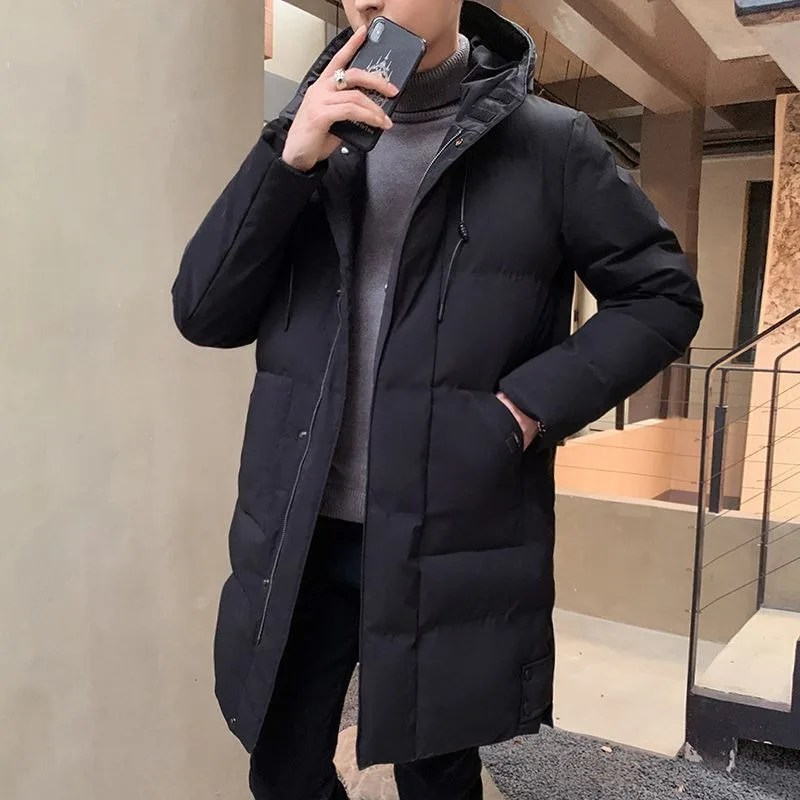 جديد الشتاء موضة تنوعا سميكة الدافئة معطف أسفل القطن وسادة مبطنة الرجال العصرية منتصف طول مقنعين القطن وسادة مبطنة