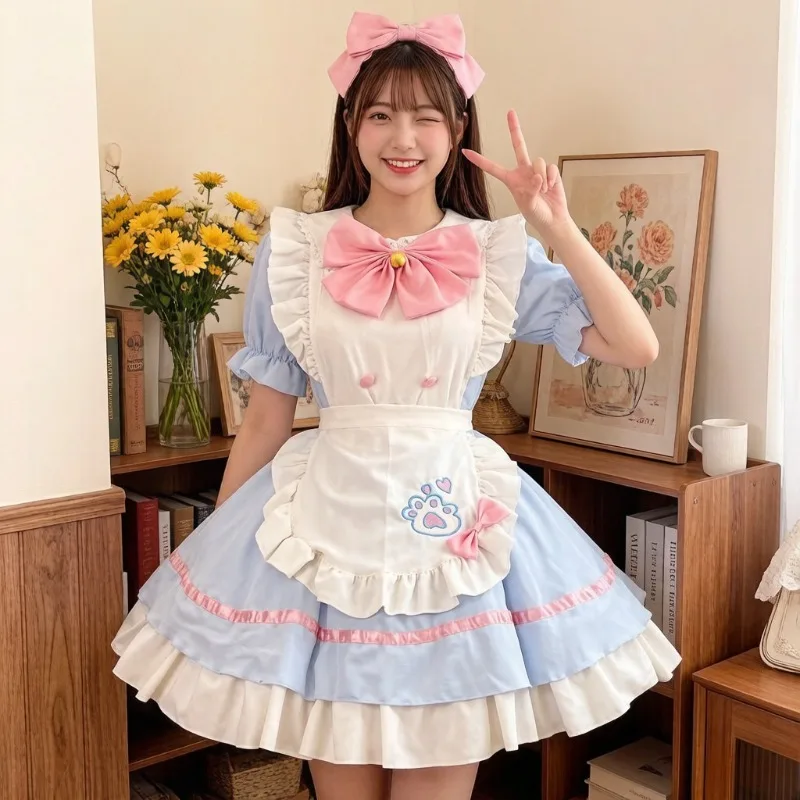 

Sweet Vintage Lolita Maid Cosplay Outfit, Halloween Party Performance Waitress Lace Ruffle Apron Dress Role Play Costume S-3XL