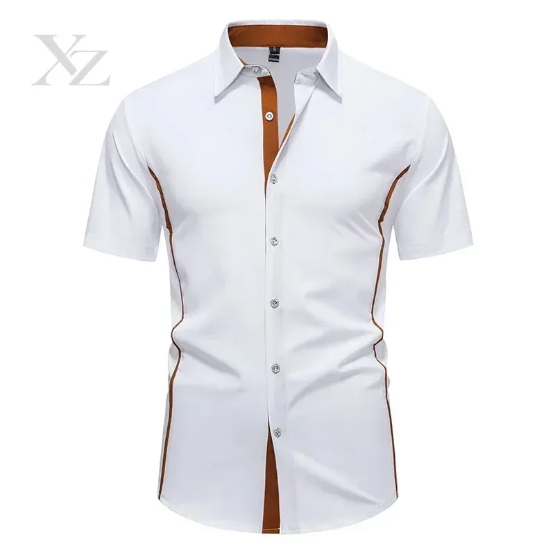 Hot Sale Men's Slim Fit Short Sleeved Color Block Shirt, Comfortable Versatile Summer Top for Daily Office Wear
