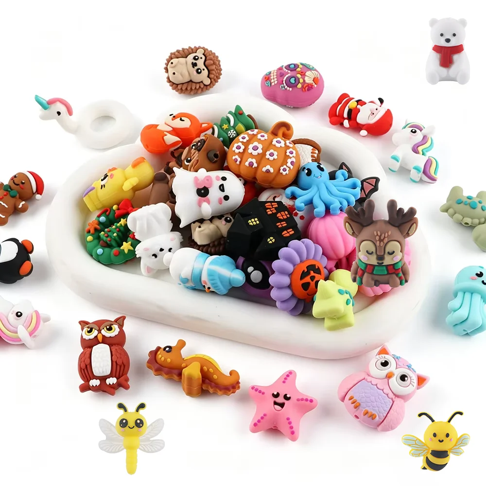 Sunrony 5pcs 3D Silicone Beads Bee Dragonfly Monster Hedgehog Dinosaur Fox Mummy Wholesale DIY Accessories For Jewelry Making