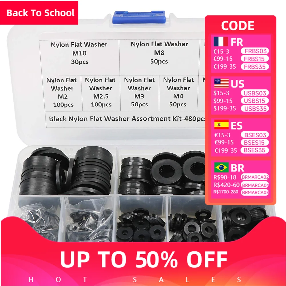 

480 Pcs Nylon Flat Round Washers Gaskets Spacers Assortment Set for M2 M2.5 M3 M4 M5 M6 M8 M10 Screw Bolt-Black