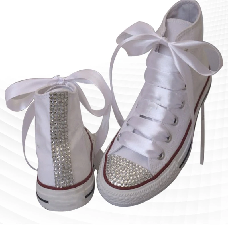 Large size high top rhinestone Ribbon wedding party canvas shoes handmade custom white comfortable sports women's shoes 35-46