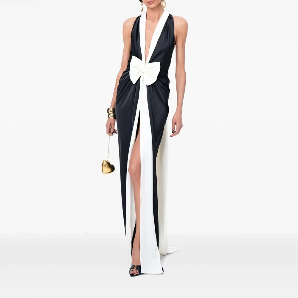 Modern Customized Evening Gown for Women Formal Party Dress Floor Length Prom Dress Sheath Sleeveless Ara Dress with Bow