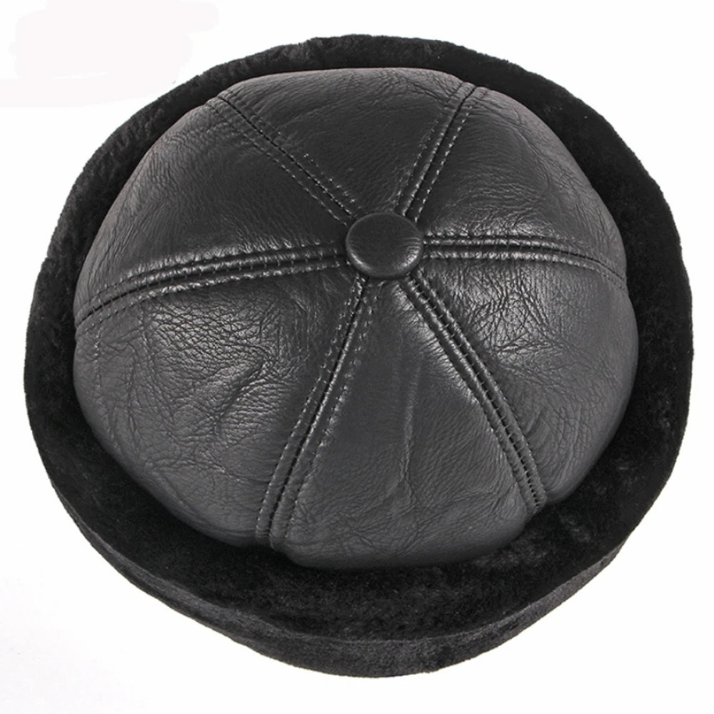 HT4415 High Quality Autumn Winter Cap Hat PU Leather Thick Warm Bomber Hat Solid Black Fleece Lined Russian Cap 6 Panels Fur Hat