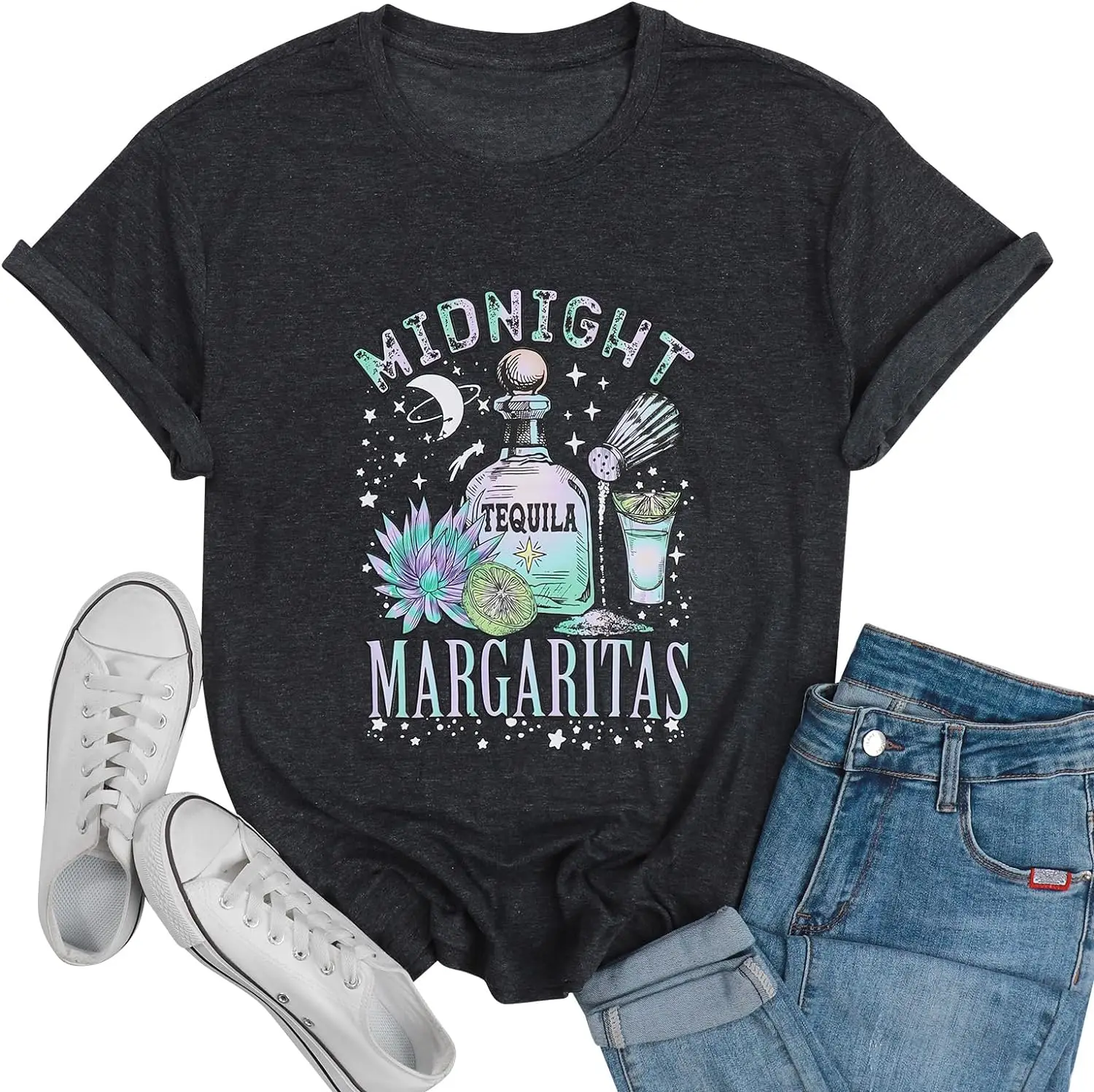 Midnight Margaritas Shirt Women Halloween Witches Shirt Novelty Graphic Witchy Party Tees Practical Magic Shirt