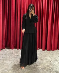 Fashionvane Black Two Pieces A Line Pleats Chiffon Dresses Women Wear for Evening Party V Neck Beaded Long Sleeves Prom Dress