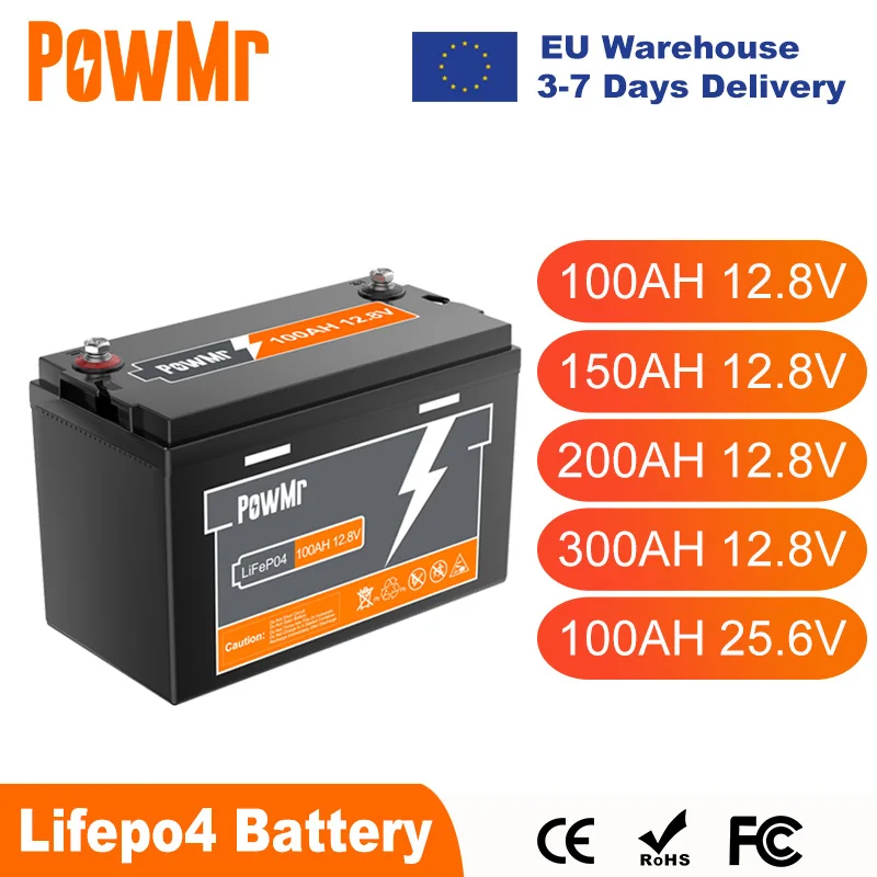 PowMr-batería de litio de energía Solar, pila de 300AH, 200AH, 150AH, 100AH, Lifepo4, 12,8 V, 25,6 V, más de 6000 ciclos, hasta 4 en serie, Stock en