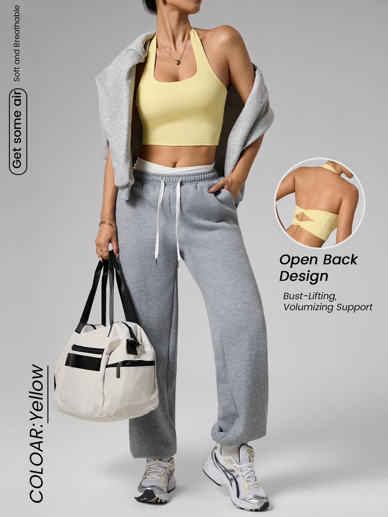 Women's Double Bowknot Halter Yoga Tank Top Plunging Open Back Built-in Cups High Support for Gym Daily