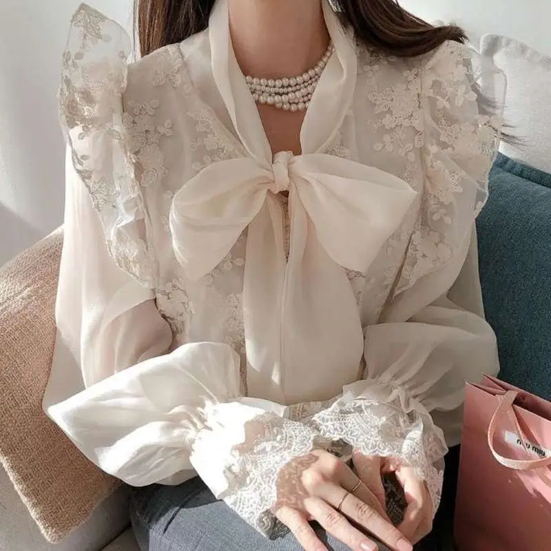 QWEEK Chiffon Lace Up Blouse Woman Summer Loose Long Sleeve Shirt Female Elegant Luxury Vintage Clothes Korean Style Aesthetic