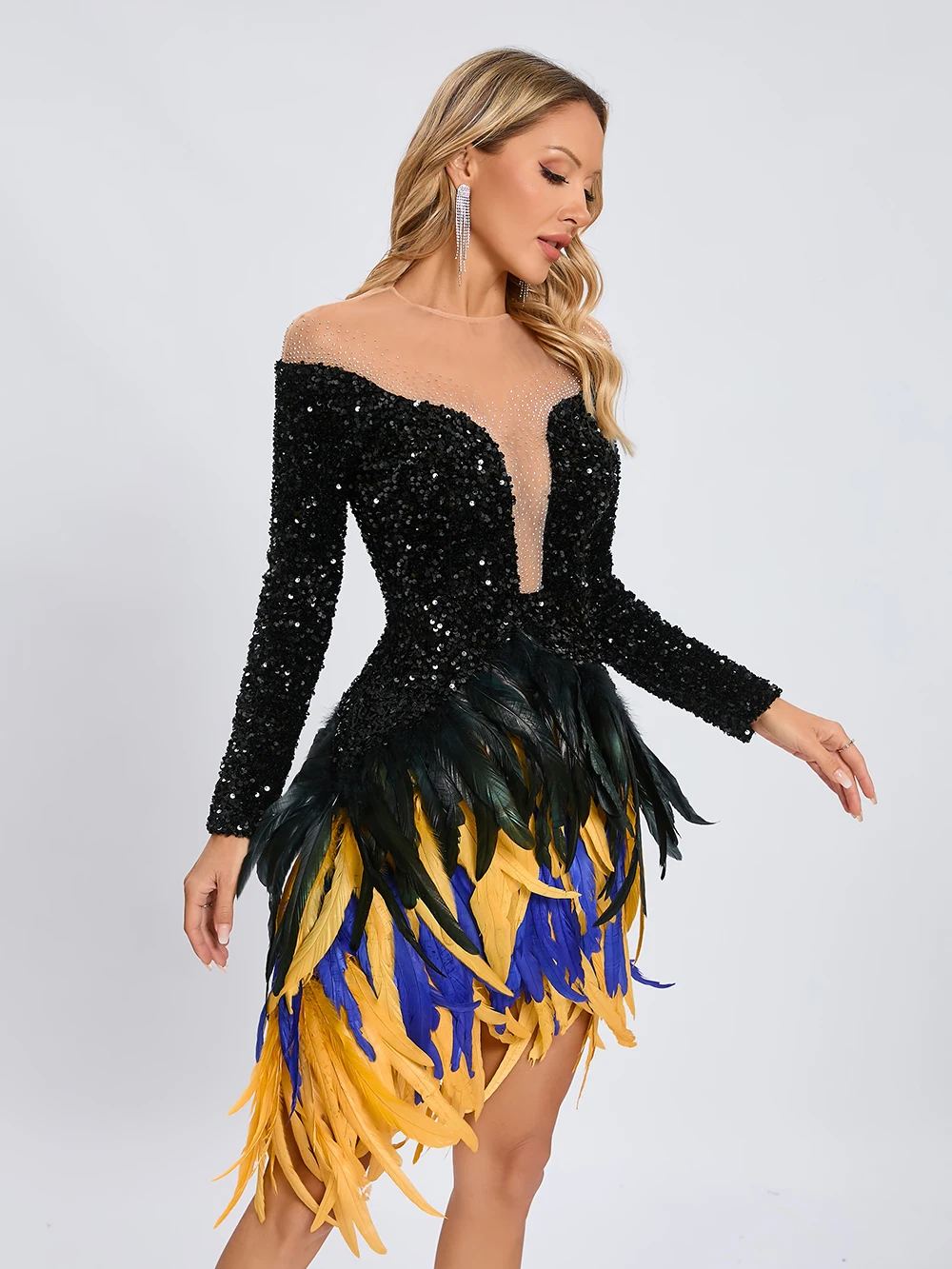 Modphy Luxury Birthday Women’S Feathers Sequin Strapless Mesh Long Sleeves Bodycon Mini Dresses Sexy Club Party Night Prom Robe