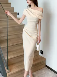 Eleganckie sukienki wieczorowe z odkrytymi ramionami Kobiety Letnia moda Slim Jednoczęściowe Solidne Vestidos Koreańska szata ukończenia szkoły Odzież