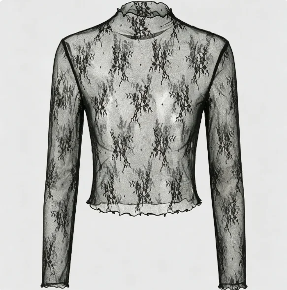 Ladies' Black Lace Hollow Elastic Mesh Long Sleeved Top With Sexy Hollow Out Design Suitable For Various Combinations