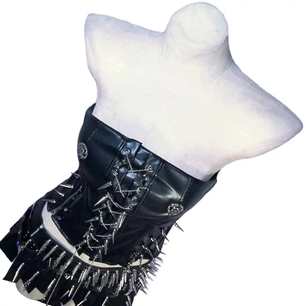 Goth Tops E-Girls Gothic Tank Cyber Spiked PU leather Black ALT with Spikes Y2K T-shirt Punk Rock Clothes Emo Clothing Grunge