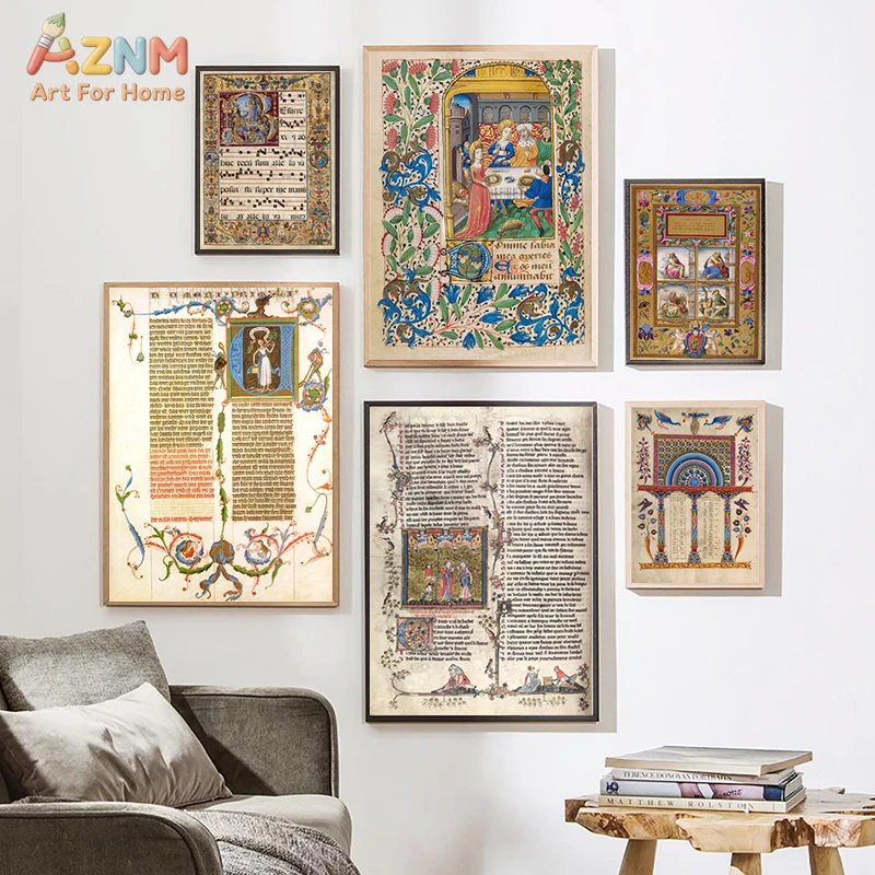 AZNM Vintage Medieval Illuminated Manuscript Canvas Wall Art, Antique Gothic Religious Floral Border Old Book Art Painting, Retr