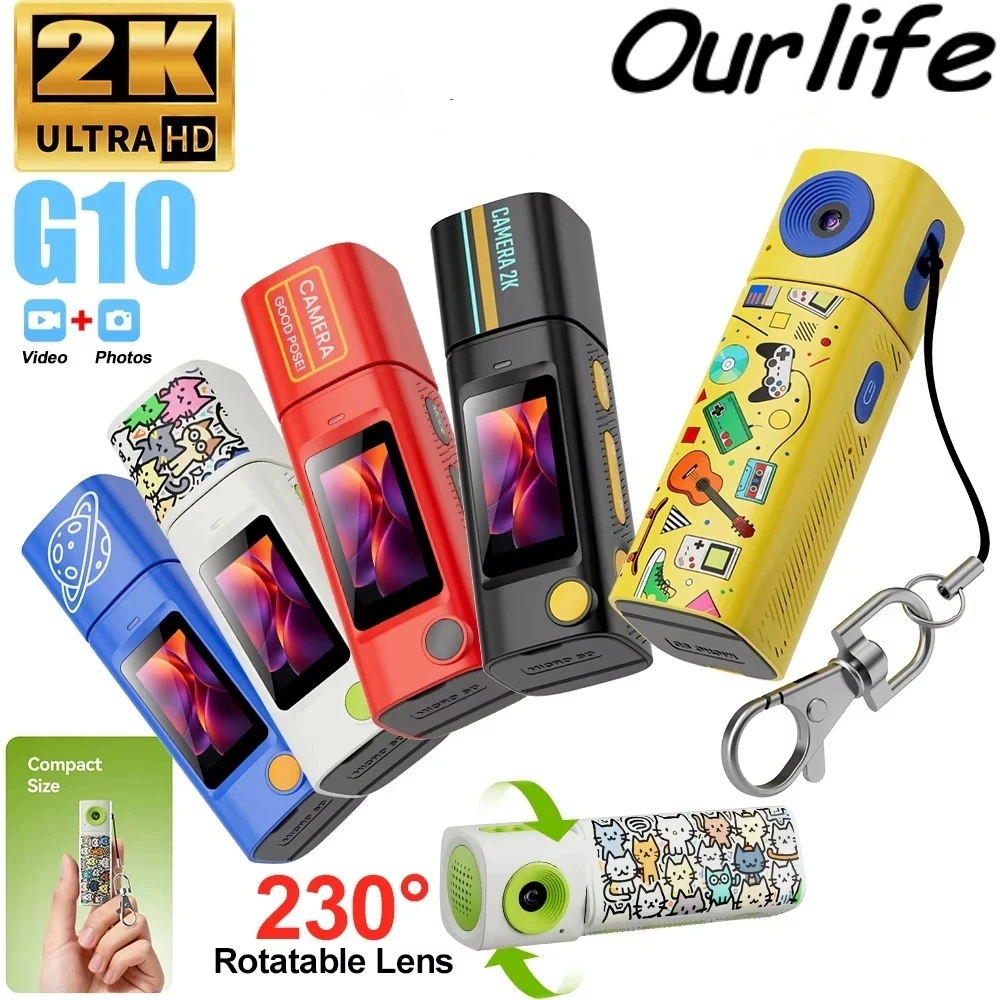 Ourlife CCD 2K Mini Thumb Camera Student Action Camera with 230° Rotatable Lens Photo Video Recorder Portable Keychain Camera