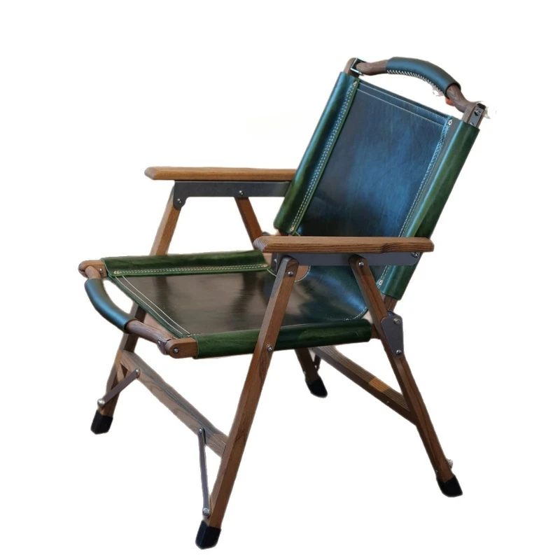 

Folding chair ash wood + thickened first layer cowhide solid wood new style outdoor leisure