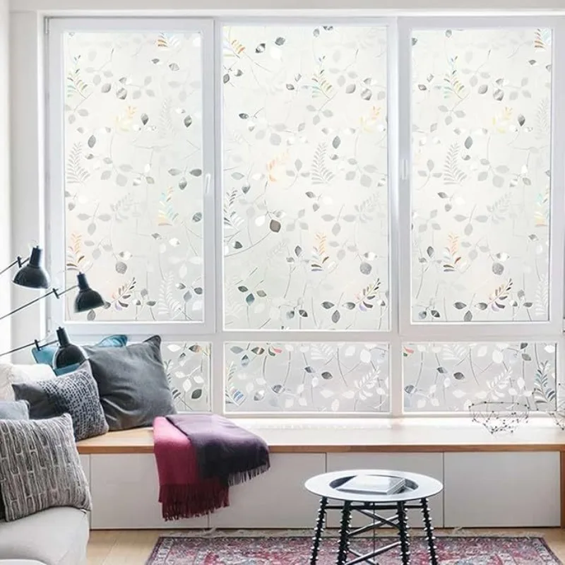 3D Leaf Pattern Frosted Privacy Window Film Static Cling No Glue Sun Block Heat Control Removable for Bathroom Balcony Glass