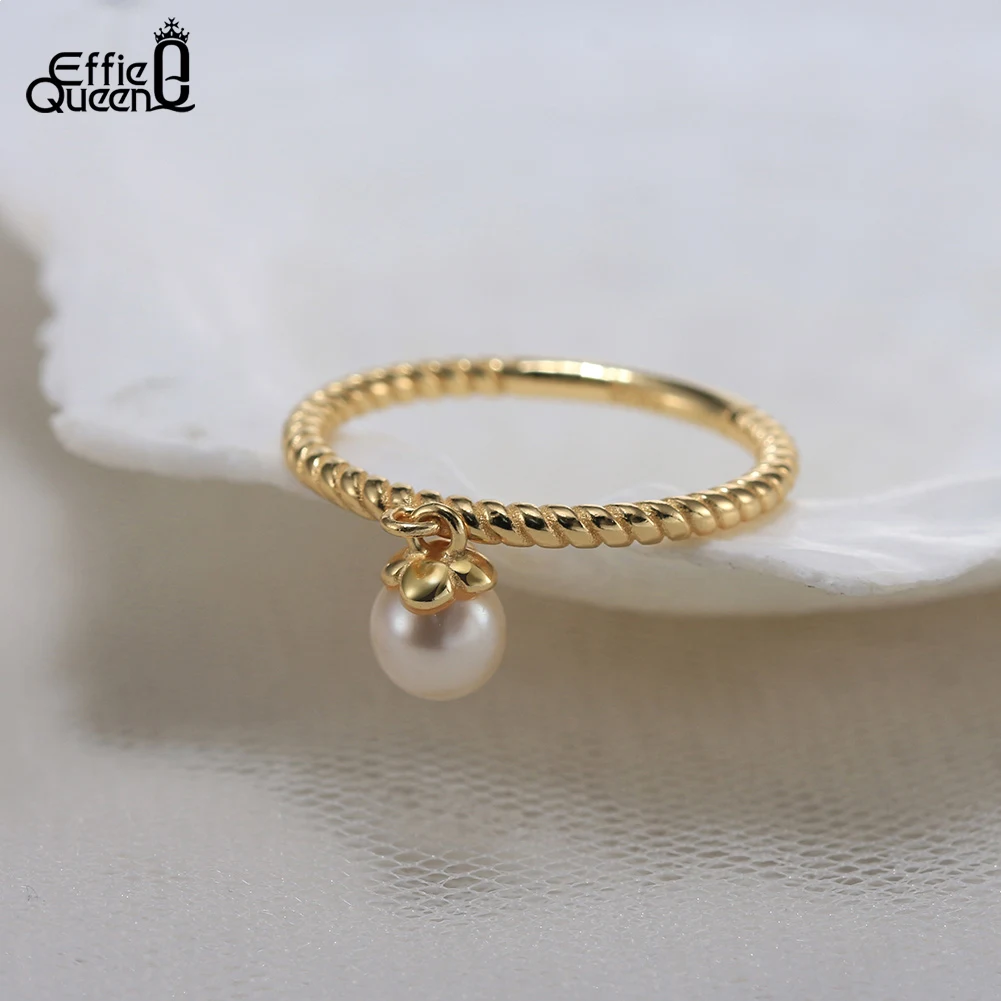 Effie Queen 14K Gold 4.5-5mm Natural Freashwater Round Pearl Rings Size 5/6/7/8 Unique Twisted Design Wear For Finger Gift GPR19