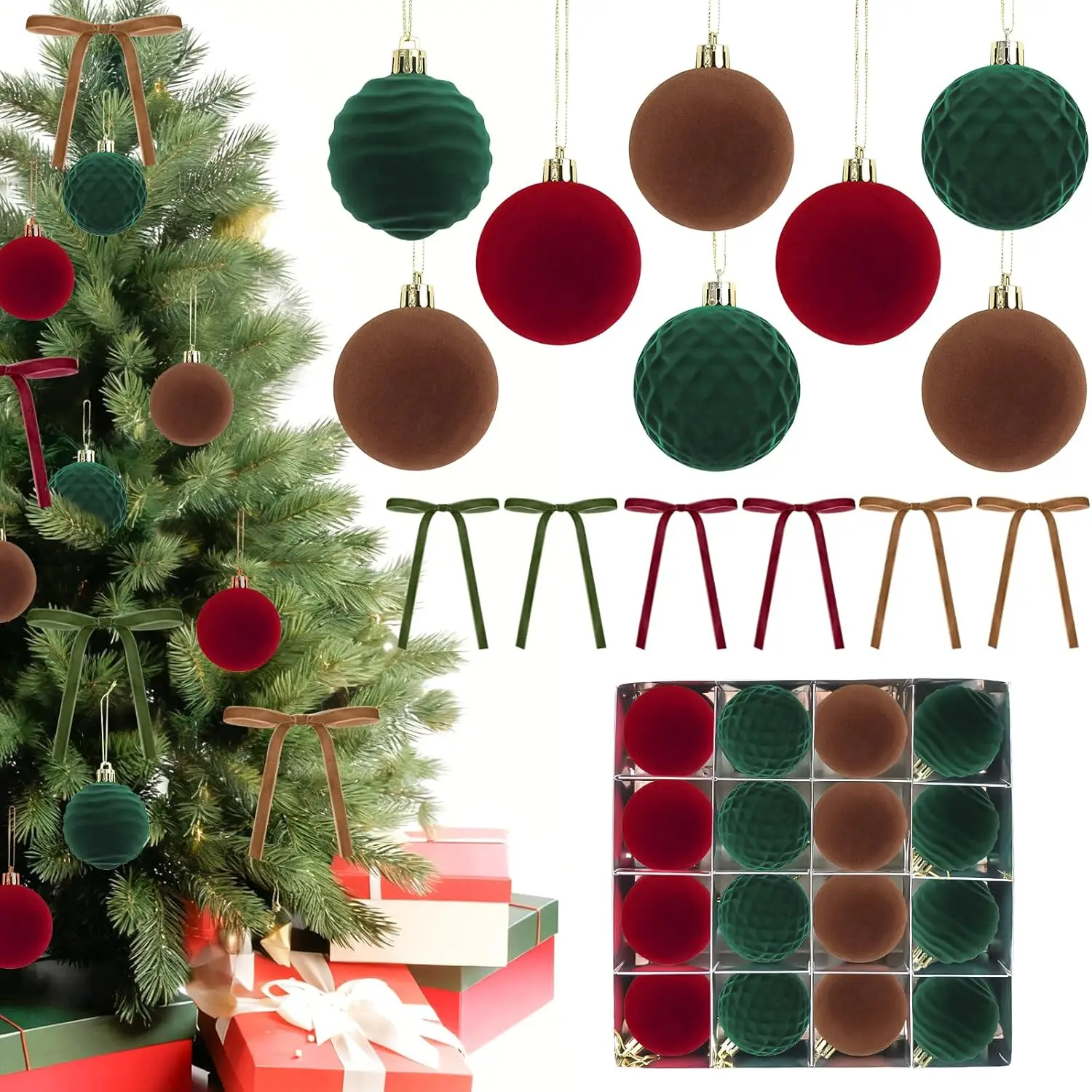 

46 Pcs Red Velvet Christmas Ornament Balls with Bow - Flocked & Velvet Decor for Tree, Garland, Wreath (Red Green)