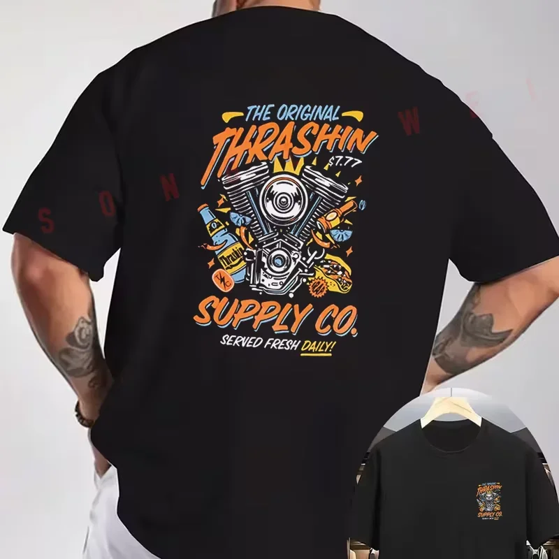 Vintage T-Shirt Motorcycle Engine Graffiti Print 2026 New Unisex Family Matching T-Shirts Gift for Him Loose Oversized Cotton