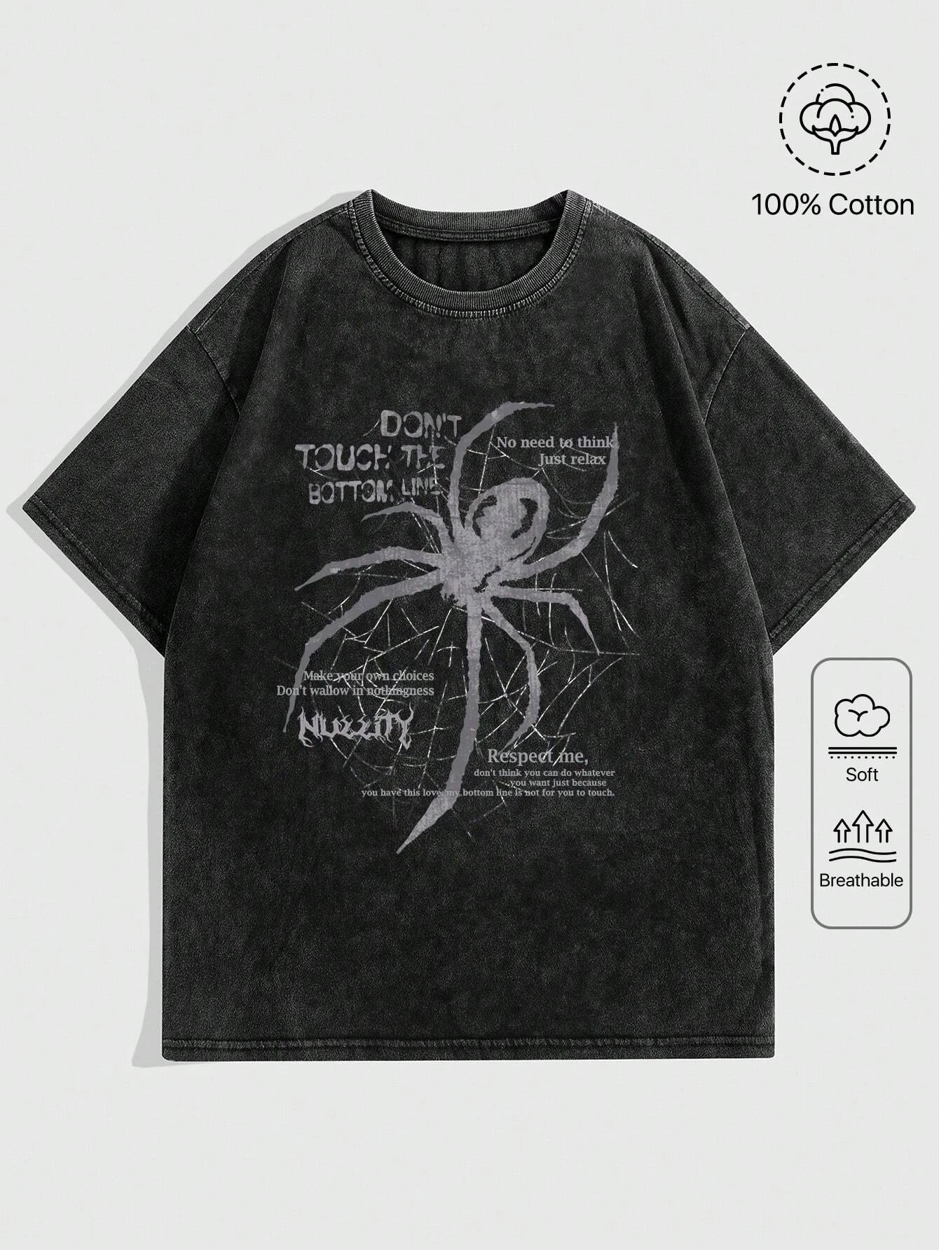

Grunge Punk Vintage & Distressed Spider Slogan Print Washed Cotton Tshirt Unisex Men Women Fashion Big Size Top Short Sleeve Tee