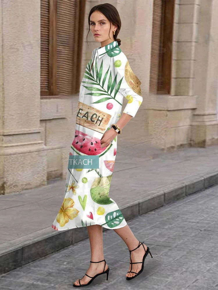 Women's Elegant Long-Sleeved Lapel Dress Spring and Autumn Urban Street Fashion Casual Single-Breasted Shirt Dress Hawaiian Prin - Image 5