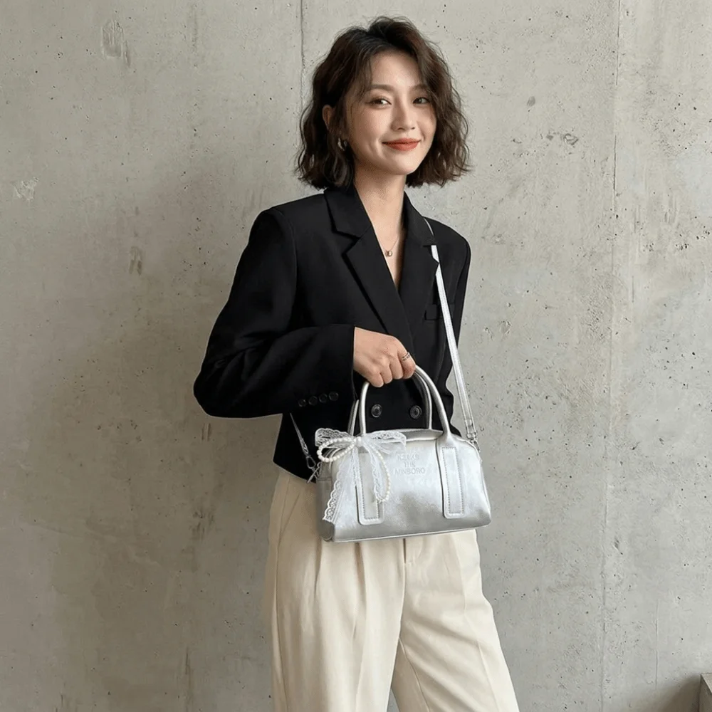 Sweet PU Leather Boston Bag Pearl Bow Pendant Adjustable Strap Crossbody Bag Multi Ways To Wear Lace Ribbon Shoulder Bag