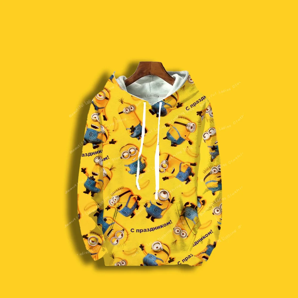 (MINISO)Minions Cute Cartoon Print Women Hoodies Gifts Casual Style Y2K Streetwear Sweatshirts Fall /Winter Tops Women Coats