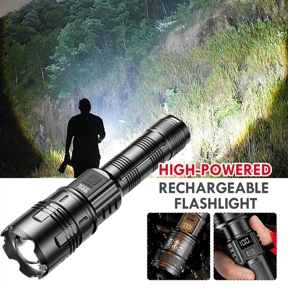 مصباح يدوي LED عالي الطاقة، فائق السطوع، قوي، يدوم طويلاً، ضوء طوارئ خارجي قابل لإعادة الشحن للتخييم والمشي لمسافات طويلة، مصباح يدوي COB