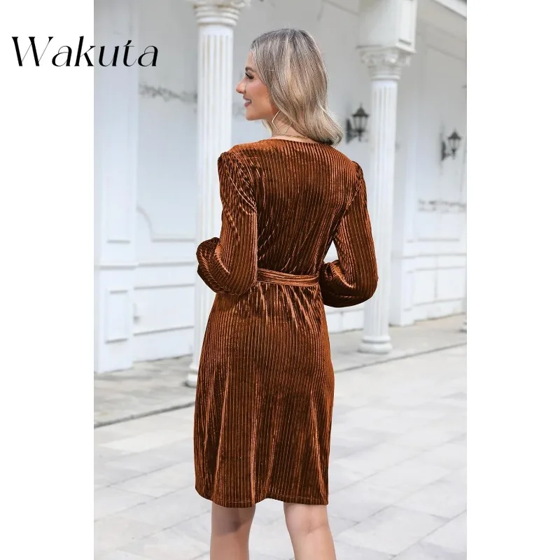 Wakuta Women's Long Sleeve Wrap Robe Semi Formal Velvet Mini Gown Sexy V Neck Cocktail Christmas Party Dress Mother of The Groom