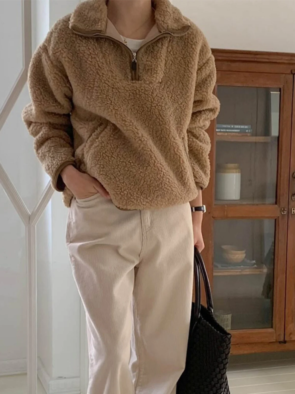 

Retro Simple Stand Collar f Zipper Versatile Lamb Fur Sweatirt Women's Autumn Winter New Sle Oversize Top